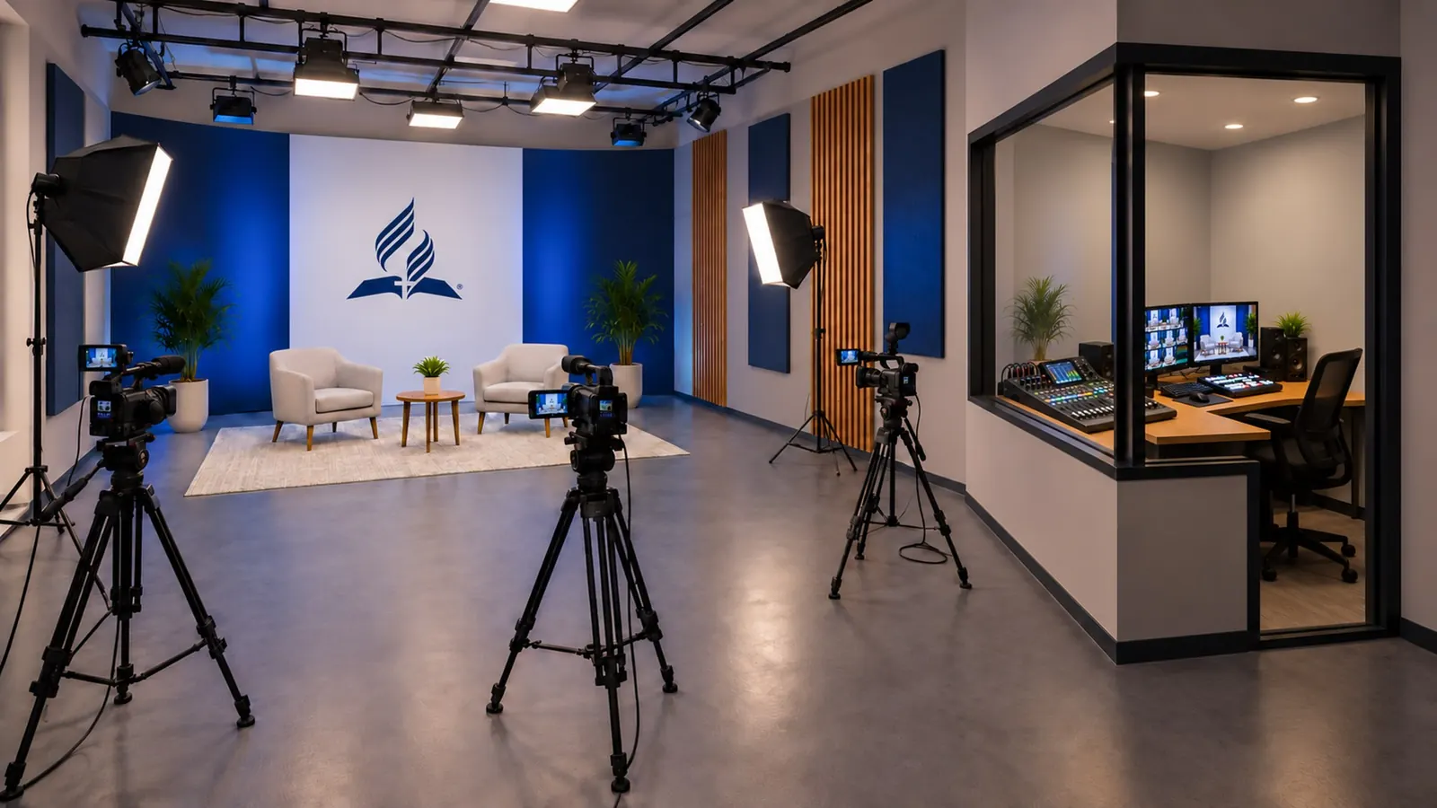 Visualização conceptual do estúdio principal com cenário de entrevistas, câmaras e iluminação
